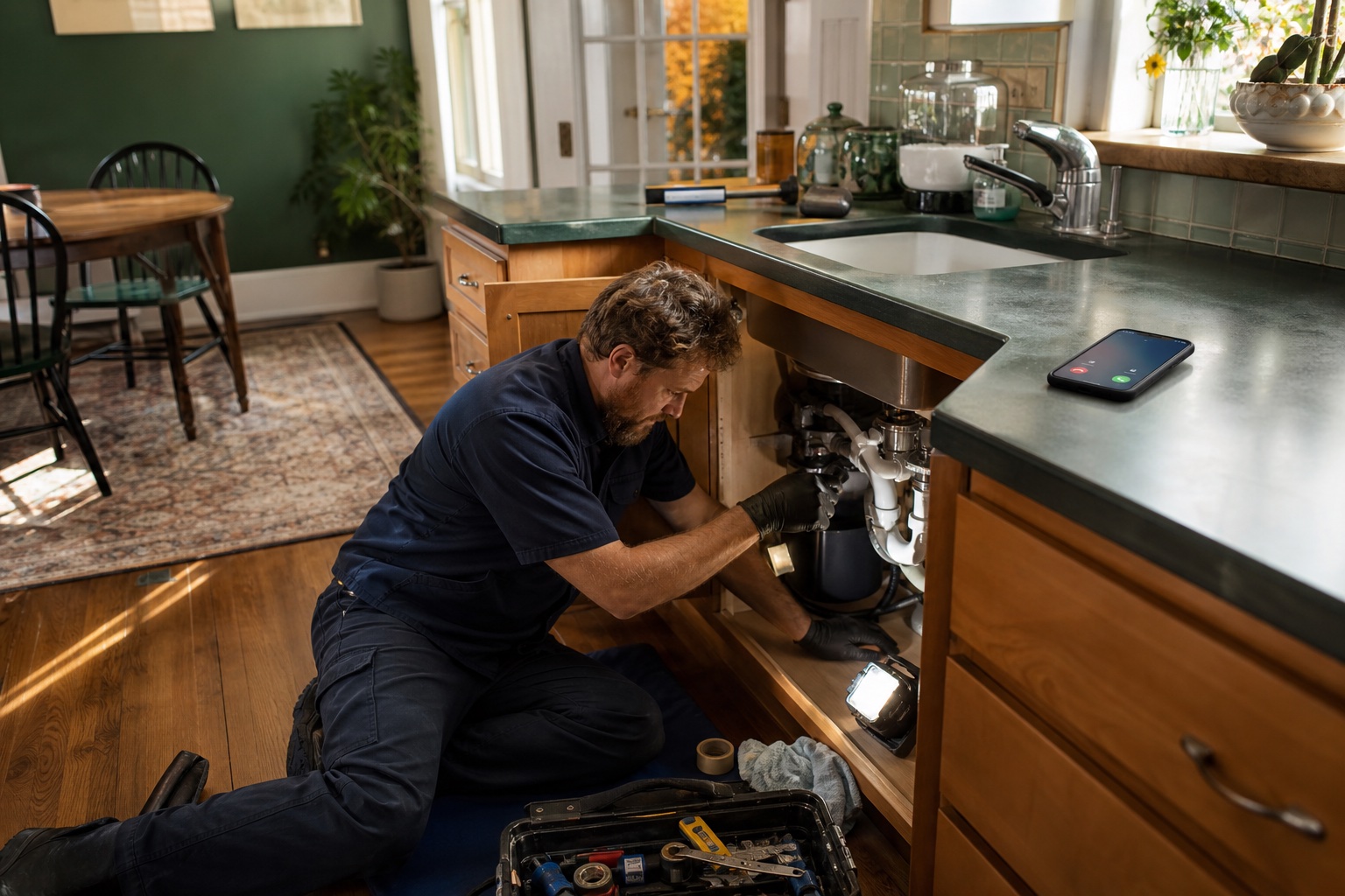 Plumber working under a sink while a customer call waits on his phone